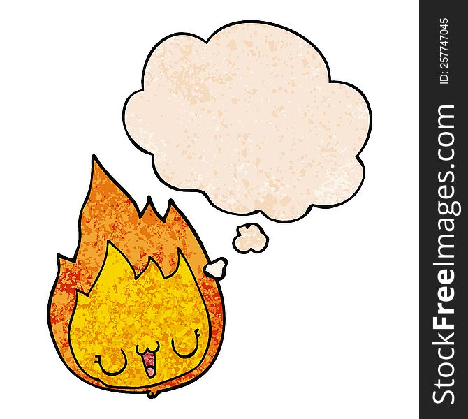 Cartoon Flame With Face And Thought Bubble In Grunge Texture Pattern Style