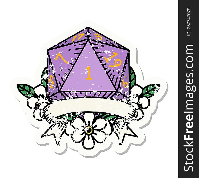 Natural One D20 Dice Roll Grunge Sticker