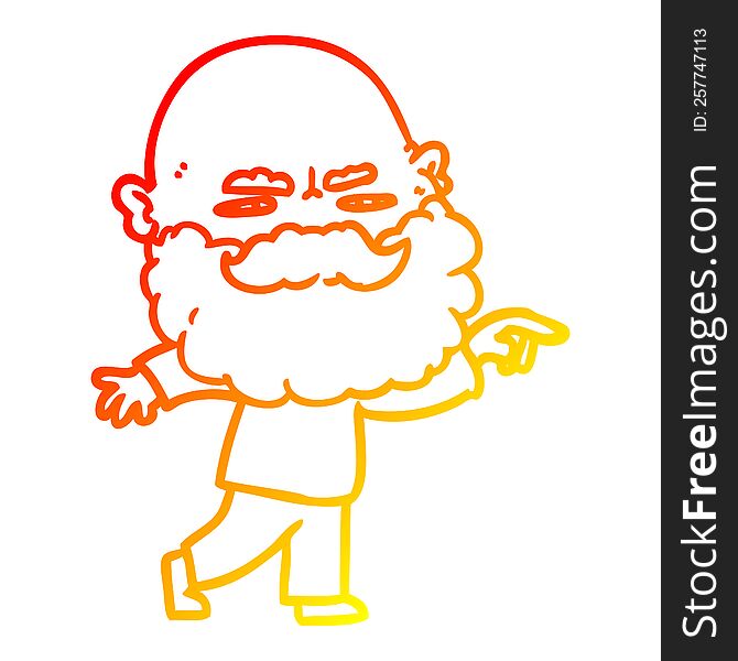 warm gradient line drawing of a cartoon man with beard frowning and pointing