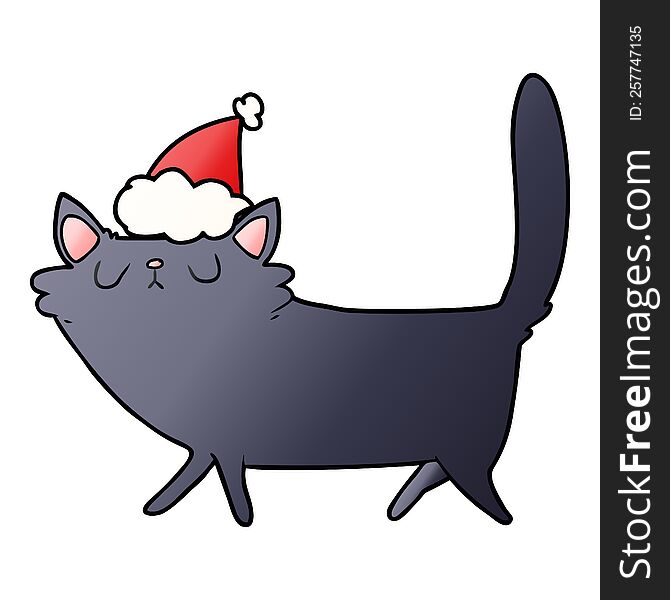 hand drawn gradient cartoon of a black cat wearing santa hat