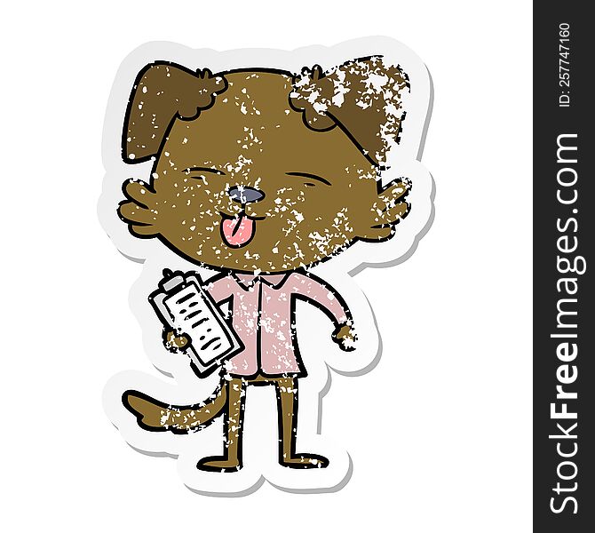 distressed sticker of a cartoon dog with clip board