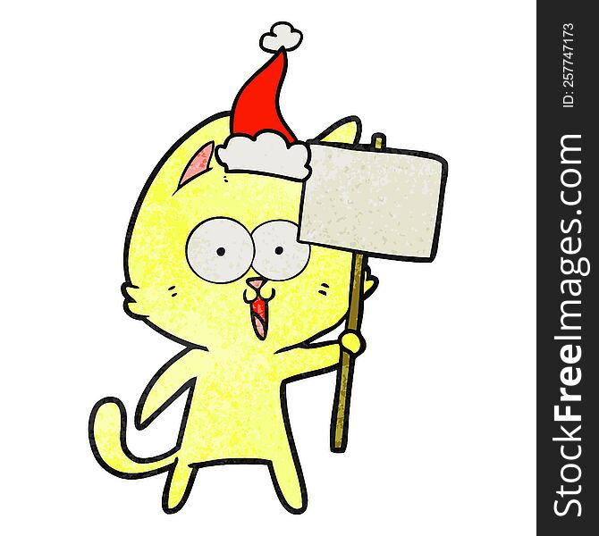 Funny Textured Cartoon Of A Cat With Sign Wearing Santa Hat
