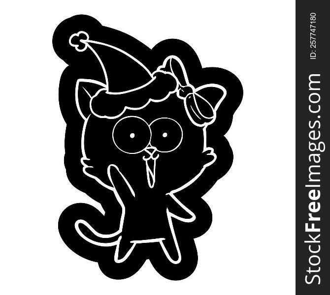 quirky cartoon icon of a cat wearing santa hat