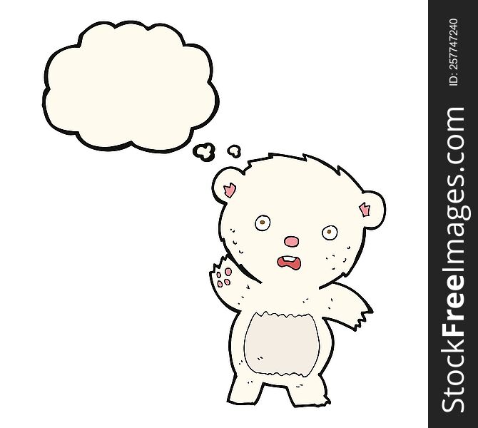 cartoon waving polar bear cub with thought bubble