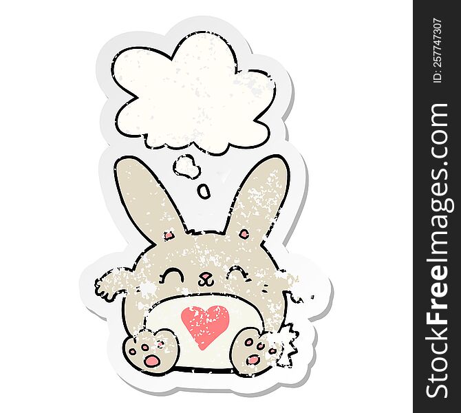 cute cartoon rabbit with love heart with thought bubble as a distressed worn sticker