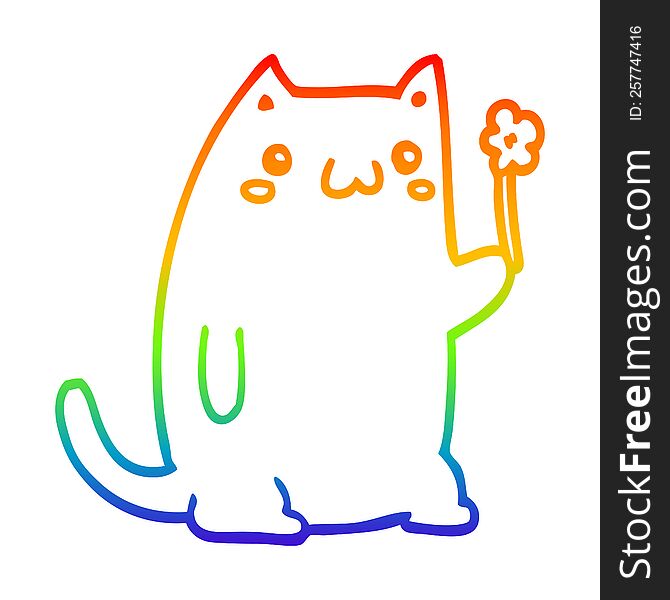 Rainbow Gradient Line Drawing Cute Cartoon Cat With Flower