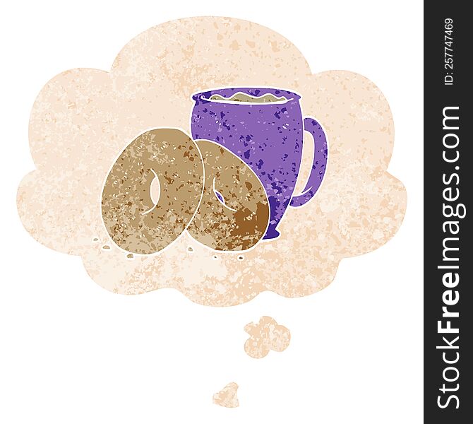 cartoon coffee and donuts with thought bubble in grunge distressed retro textured style. cartoon coffee and donuts with thought bubble in grunge distressed retro textured style
