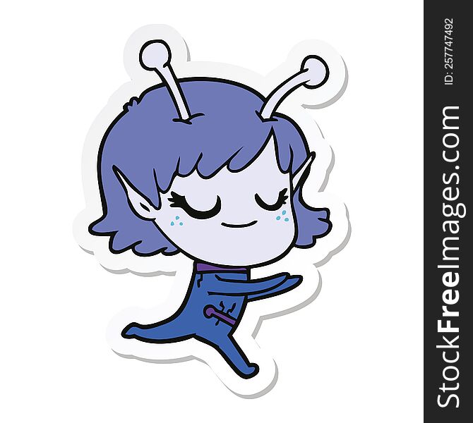 sticker of a smiling alien girl cartoon running