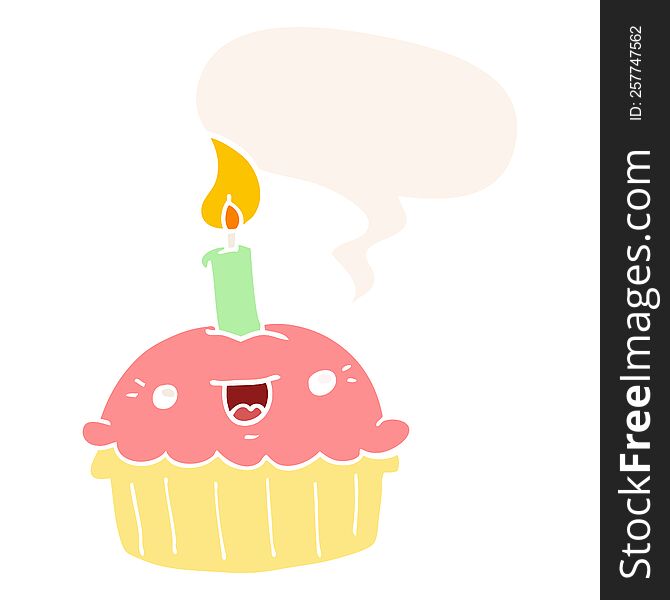 cartoon cupcake with candle with speech bubble in retro style. cartoon cupcake with candle with speech bubble in retro style