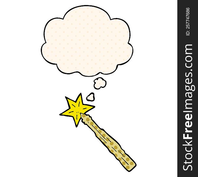 cartoon magic wand with thought bubble in comic book style