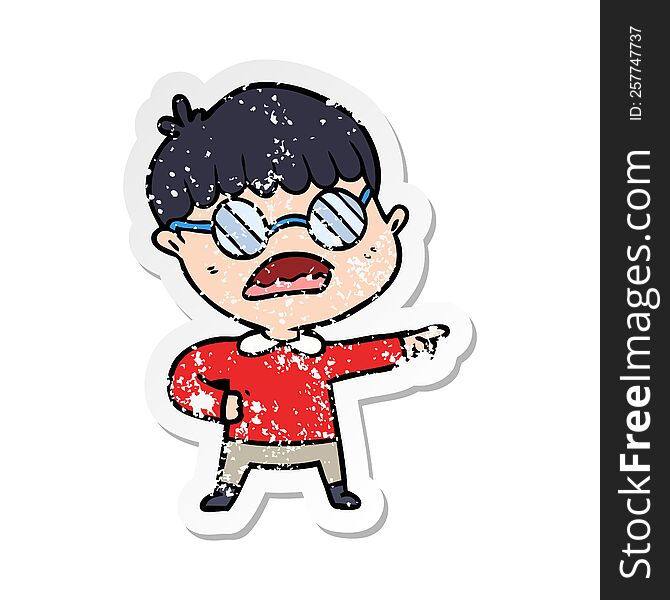 distressed sticker of a cartoon pointing boy wearing spectacles