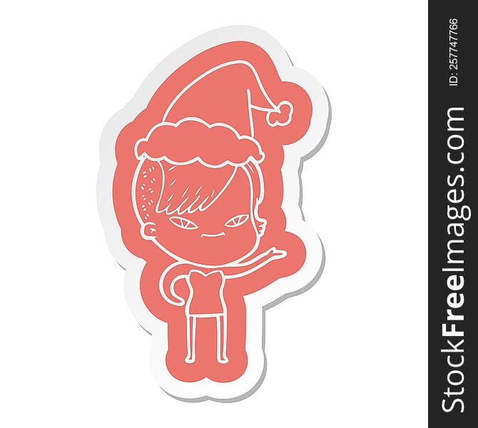 cute quirky cartoon  sticker of a girl with hipster haircut wearing santa hat