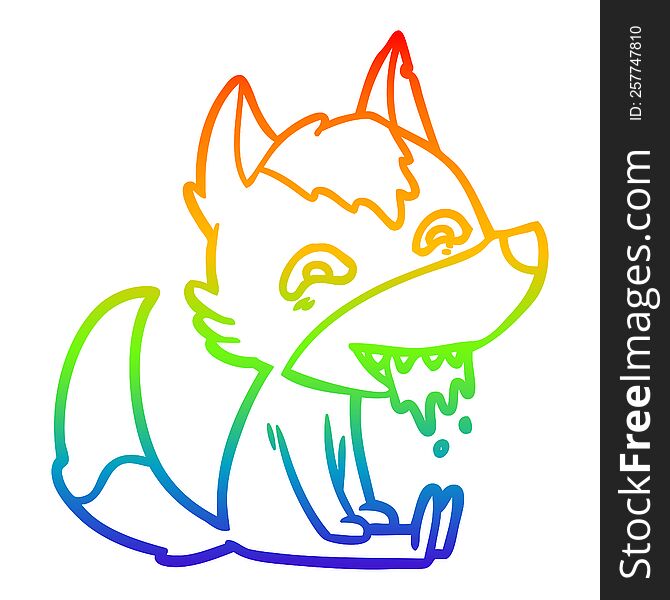 rainbow gradient line drawing of a cartoon hungry wolf sitting waiting