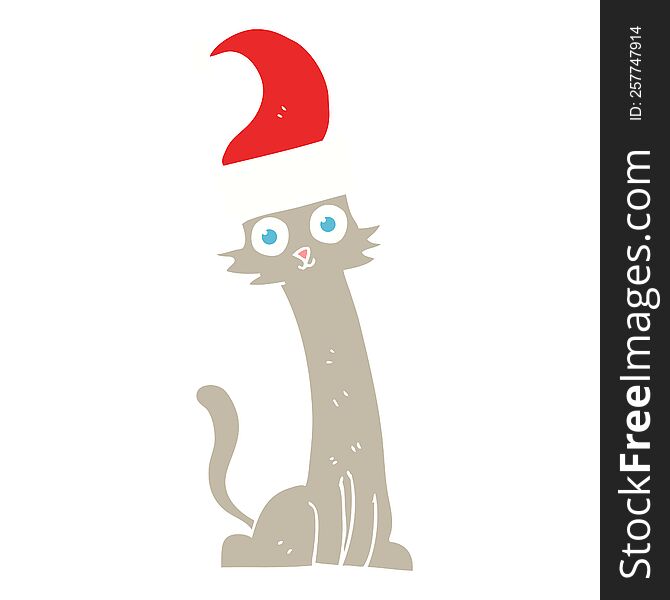 Flat Color Illustration Of A Cartoon Cat In Christmas Hat