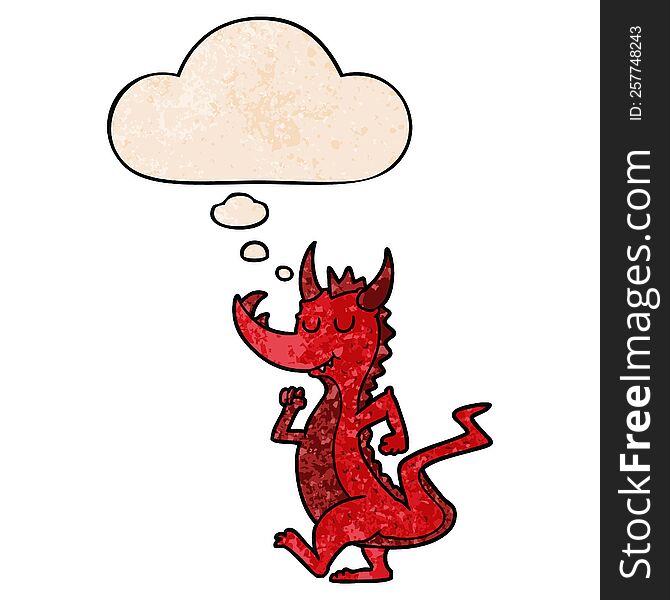 Cartoon Cute Dragon And Thought Bubble In Grunge Texture Pattern Style