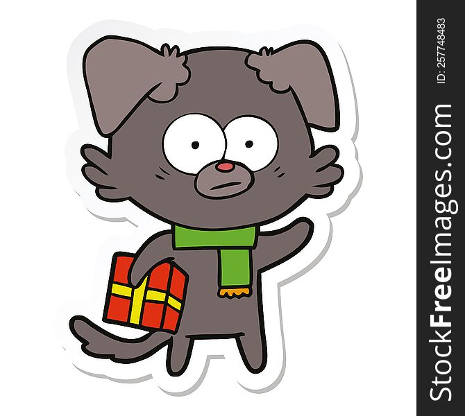 sticker of a nervous dog cartoon with gift