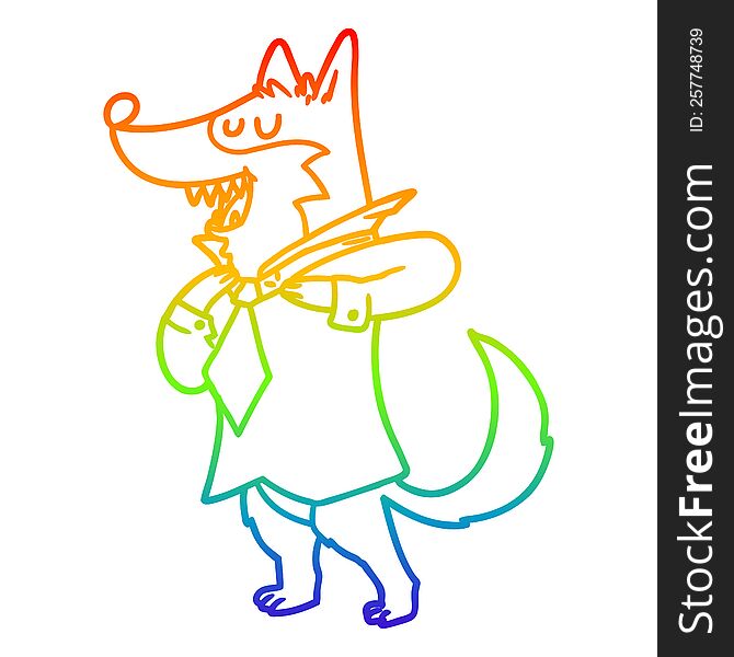 rainbow gradient line drawing of a cartoon office wolf getting dressed