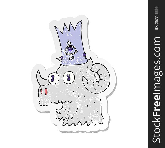 retro distressed sticker of a cartoon ram head with magical crown