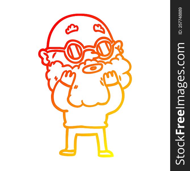 warm gradient line drawing of a cartoon curious man with beard and sunglasses