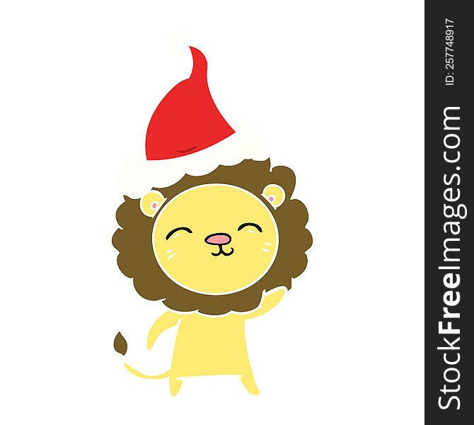 hand drawn flat color illustration of a lion wearing santa hat