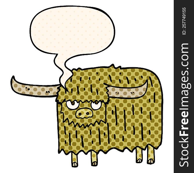 cartoon hairy cow with speech bubble in comic book style