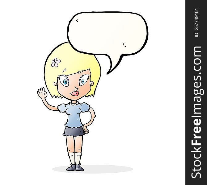 Cartoon Pretty Girl Waving With Speech Bubble