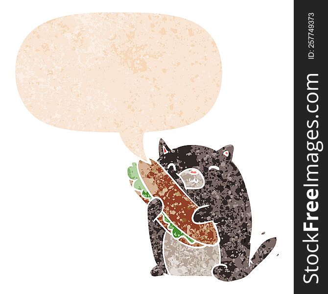 Cartoon Cat With Sandwich And Speech Bubble In Retro Textured Style