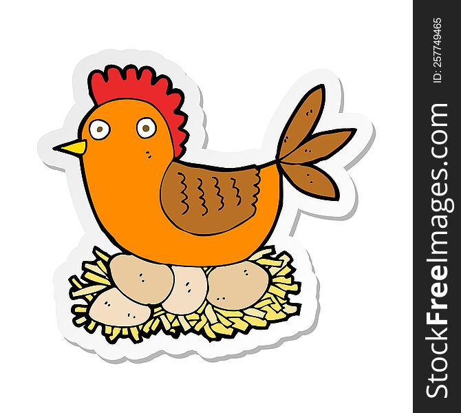 sticker of a cartoon hen on eggs