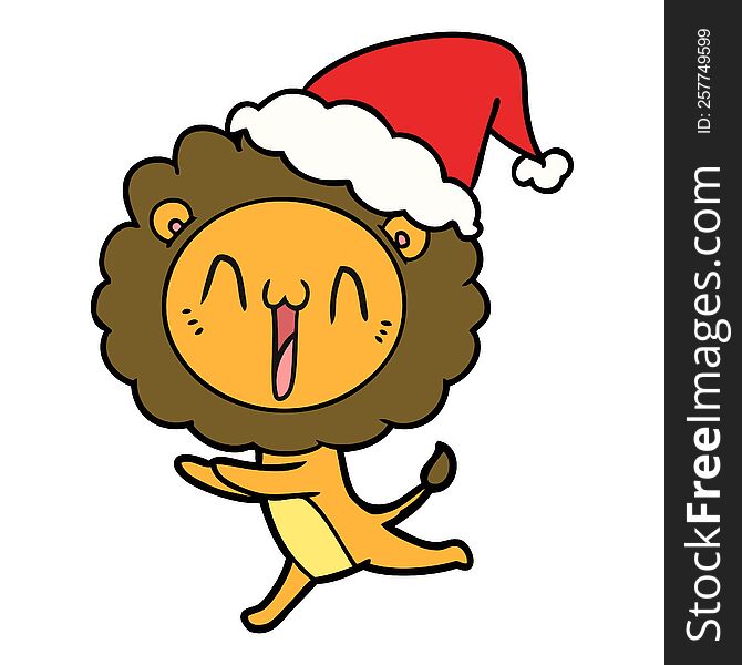 Happy Line Drawing Of A Lion Wearing Santa Hat