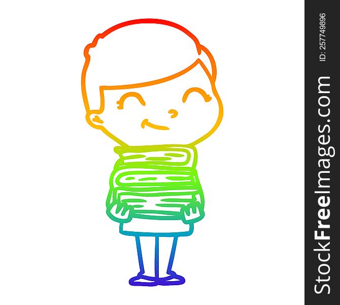 Rainbow Gradient Line Drawing Cartoon Boy With Books Smiling