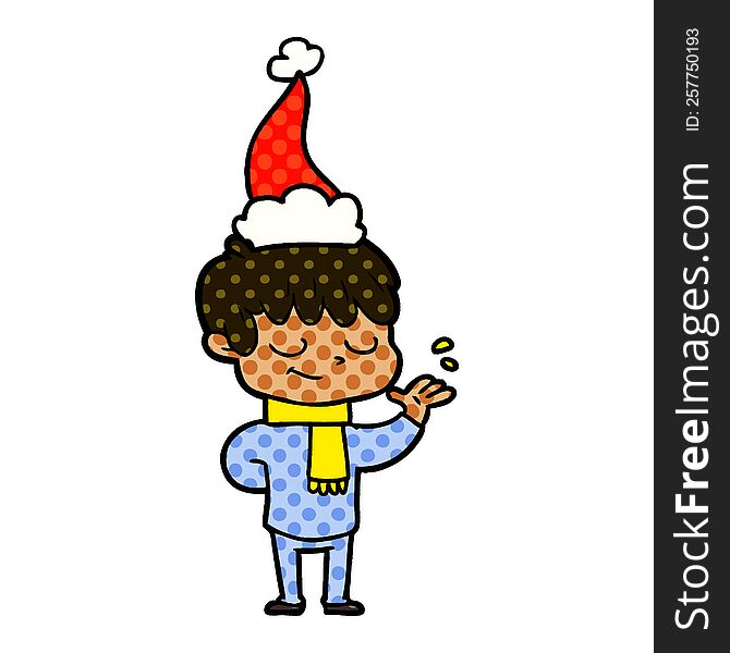 hand drawn comic book style illustration of a happy boy wearing santa hat