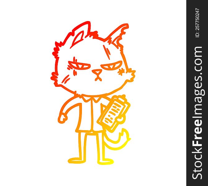 warm gradient line drawing of a tough cartoon cat with clipboard