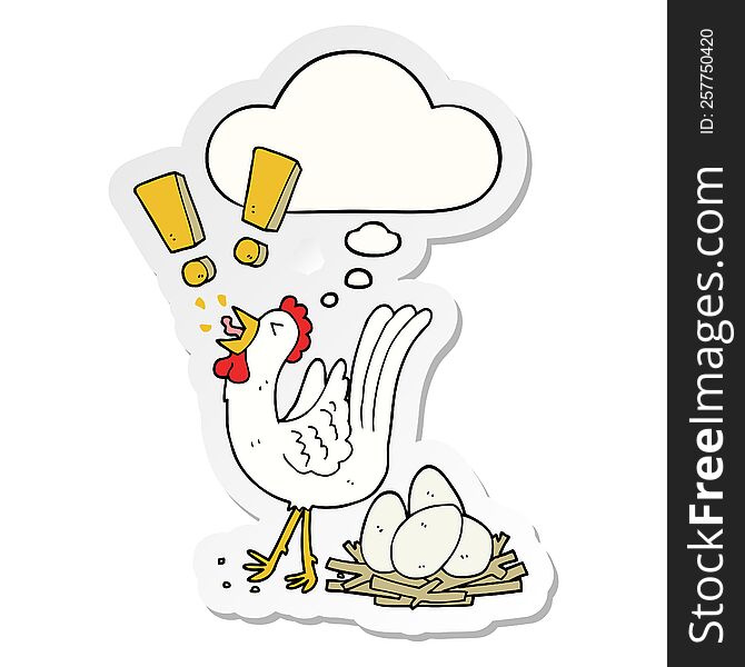 cartoon chicken laying egg and thought bubble as a printed sticker