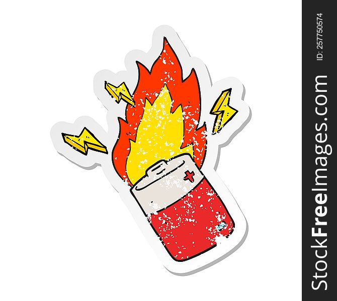 Retro Distressed Sticker Of A Cartoon Flaming Battery
