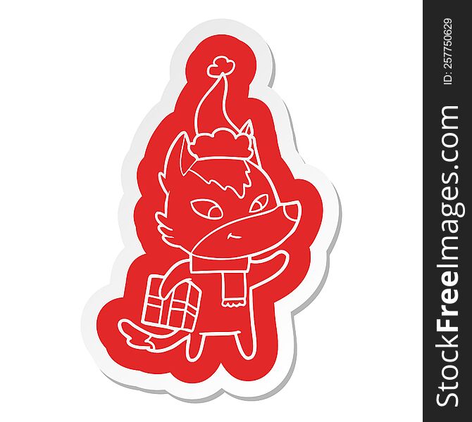 Friendly Cartoon  Sticker Of A Christmas Wolf Wearing Santa Hat