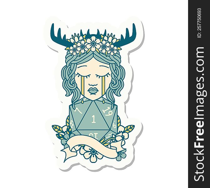 Crying Human Druid With D20 Natural One Roll Sticker