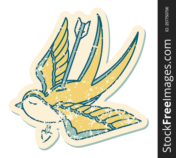 Distressed Sticker Tattoo Style Icon Of A Swallow Pieced By Arrow
