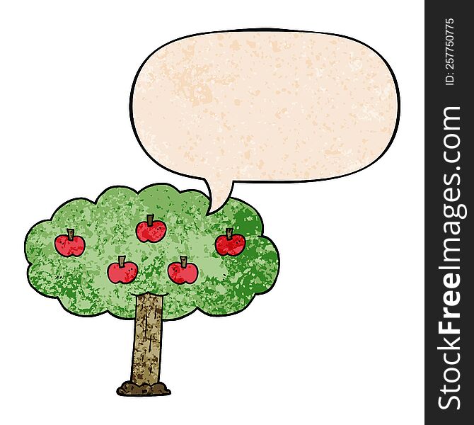 cartoon apple tree with speech bubble in retro texture style