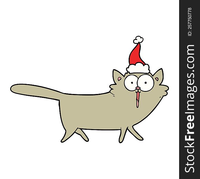 Line Drawing Of A Cat Wearing Santa Hat