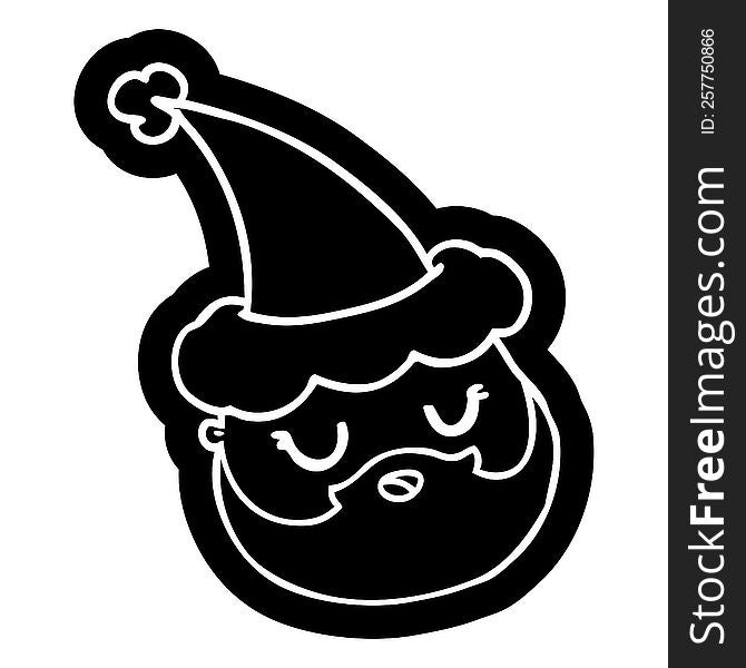 quirky cartoon icon of a male face with beard wearing santa hat