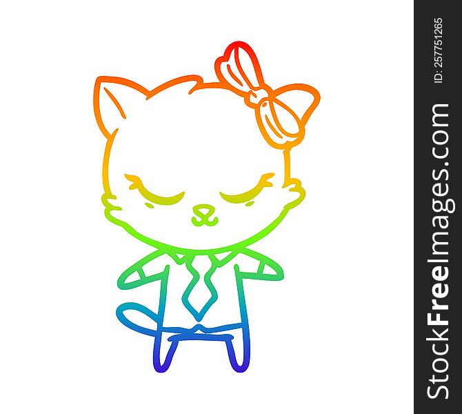 rainbow gradient line drawing of a cute cartoon business cat with bow