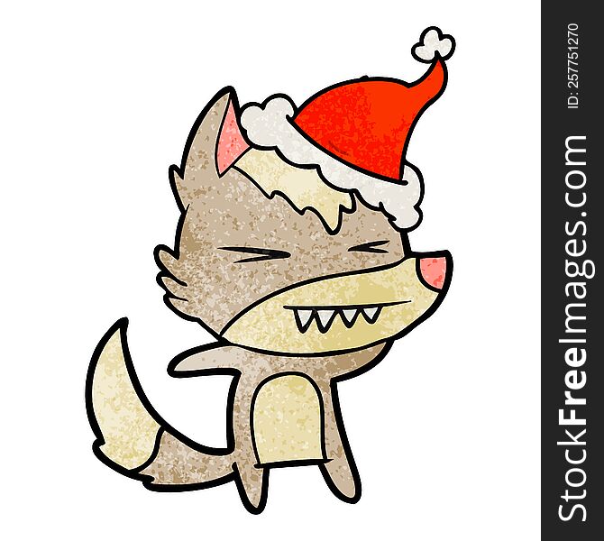angry wolf hand drawn textured cartoon of a wearing santa hat. angry wolf hand drawn textured cartoon of a wearing santa hat