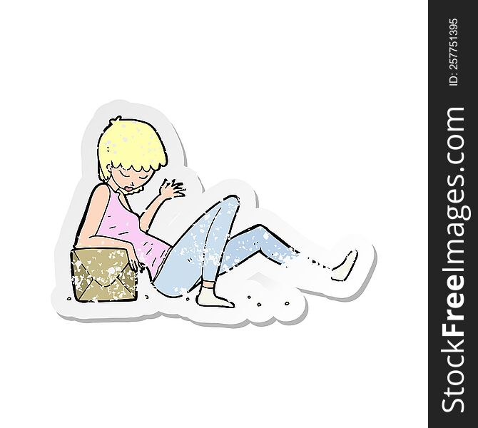 Retro Distressed Sticker Of A Cartoon Woman Leaning On Package Box