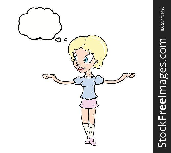 Cartoon Woman With Arms Spread Wide With Thought Bubble