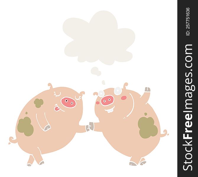 cartoon pigs dancing with thought bubble in retro style