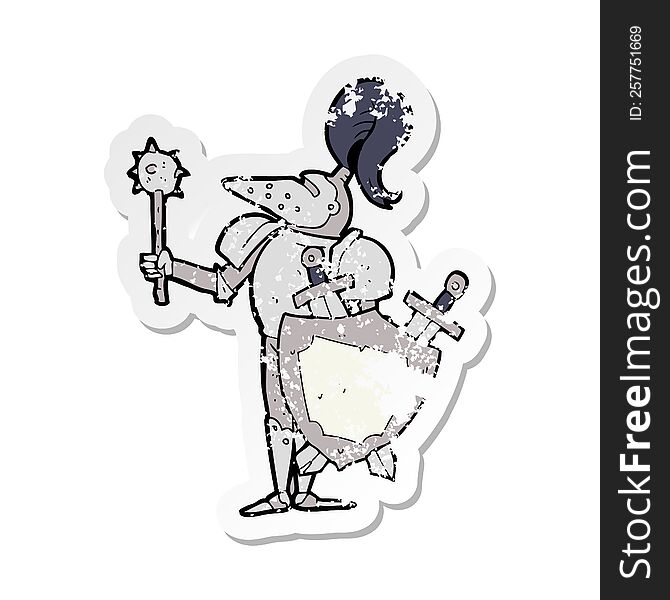 retro distressed sticker of a cartoon medieval knight with shield