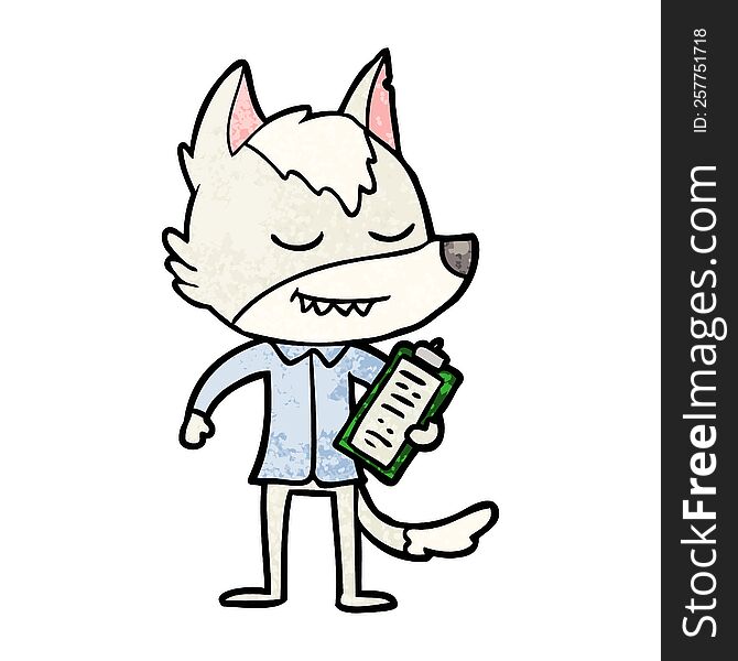 friendly cartoon wolf with notes. friendly cartoon wolf with notes
