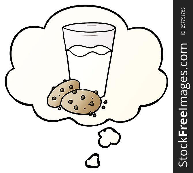 cartoon cookies and milk with thought bubble in smooth gradient style