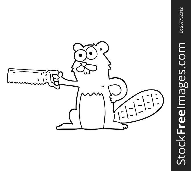 freehand drawn black and white cartoon beaver with saw