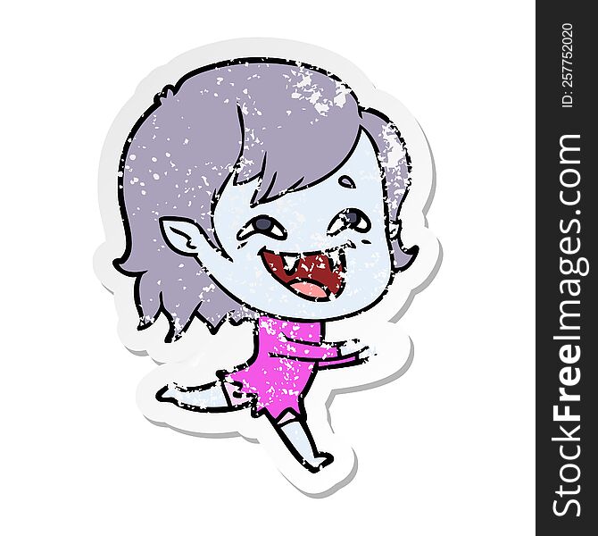 Distressed Sticker Of A Cartoon Laughing Vampire Girl